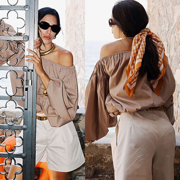 NWT Caroline Constas Andros Voluminous Off-Shoulder Elastic Hem Blouse Taupe - Picture 1 of 8